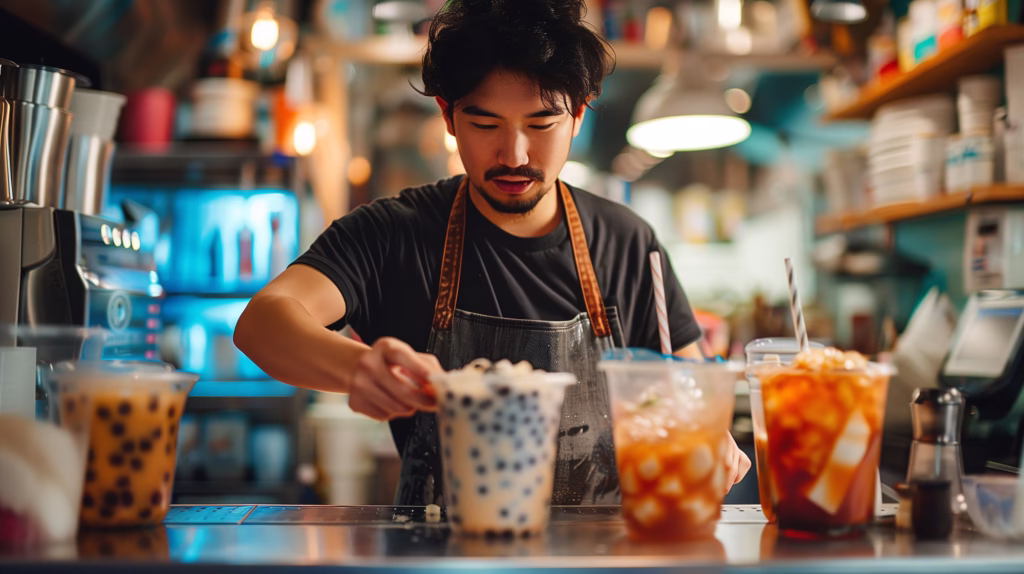 En läcker bubble tea med mjölk och sötning, serverad i ett glas.