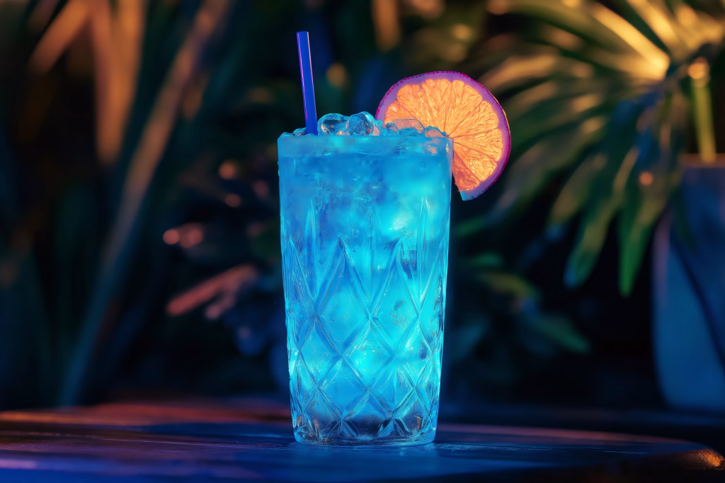 En strålande blå isbjörn drink, också känd som en blue lagoon, serveras i ett högt glas fyllt med is och dekorerat med en citronskiva. Drinken har en intensiv blå färg och består av vodka, blå curaçao och sprite, vilket ger en söt och uppfriskande smak.