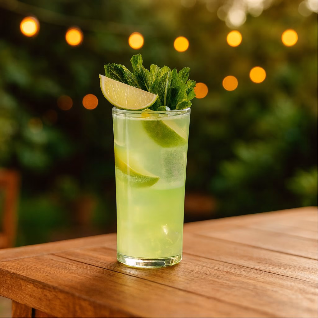En färdig P2 drink serveras i ett högt glas fyllt med is, garnerad med en skiva lime. Drycken består av vaniljvodka, sourz apple, limejuice och 7 up, vilket ger en fräsch och syrlig smak.